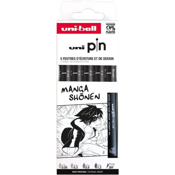 Set de 5 feutres Uni Pin - pointes fines et calibrées - encre super ink permanente et résistante à l'eau - Manga Shonen