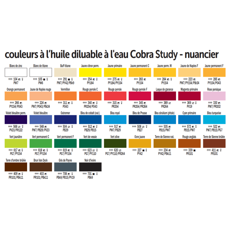 Coffret huile diluable à l'eau Cobra Study - Nuancier  de 40 couleurs semi-transparentes, semi-opaques et opaques - Cobra 