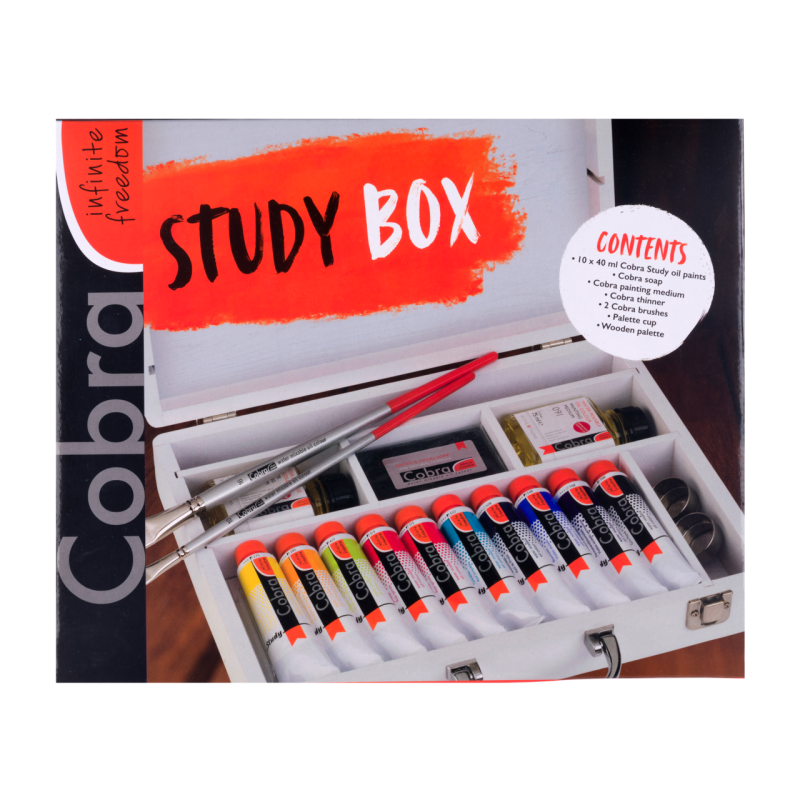 Coffret huile diluable à l'eau Cobra Study - 10 couleurs de peinture huile diluable à l'eau et un panel d'accessoires ( médium, 