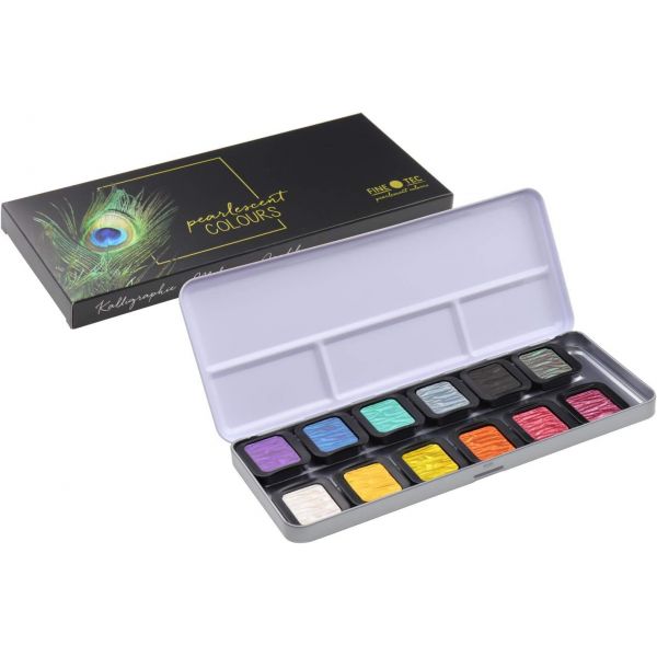 Boîte aquarelle Finetec - 12 godets nacrées Rainbow - Excellente brillace, opacité et résistance à la lumière - Couleurs éclatan