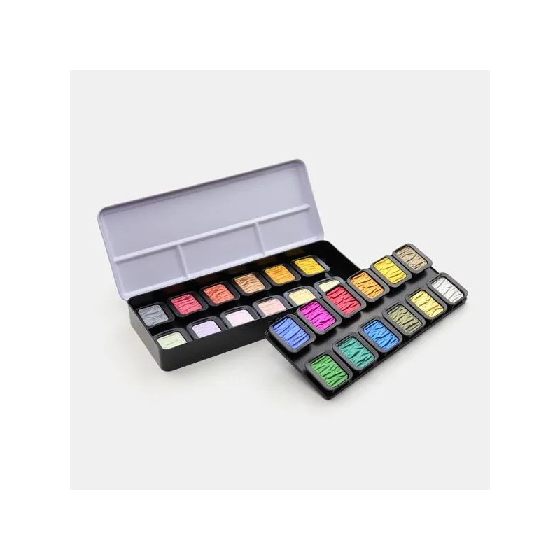 Boîte aquarelle Finetec - 24 godets iridescents - Thématique 4 éléments ( feu, eau, terre et air), qui disposent de couleurs et 