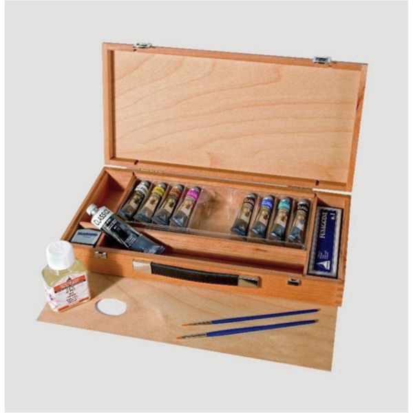 Coffret 9 tubes huile extra-fine Classico + accessoires dessin - Elegant coffret en bois huilé + poignée en cuir 