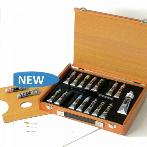 Coffret 17 tubes huile extra-fine Classico + accessoires : pinceaux, carton toilé et palette bois - Maimeri 