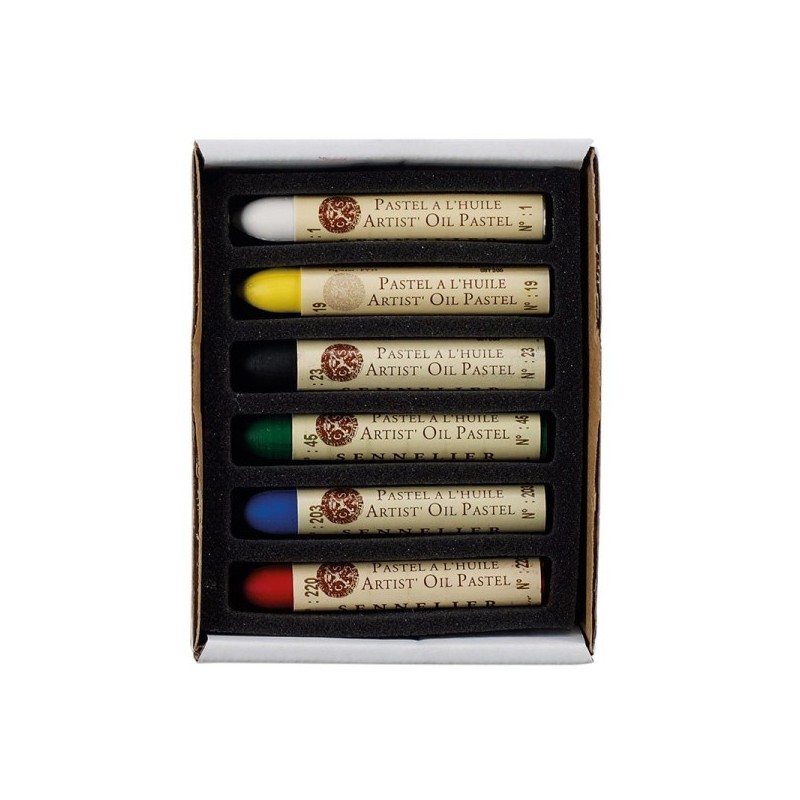 Etui 6 pastels Huile découverte - N°220 - Rouge Hélios N°203 - Bleu Delft N°45 - Vert moyen N°23 - Noir N°19 - Jaune citron N°1 