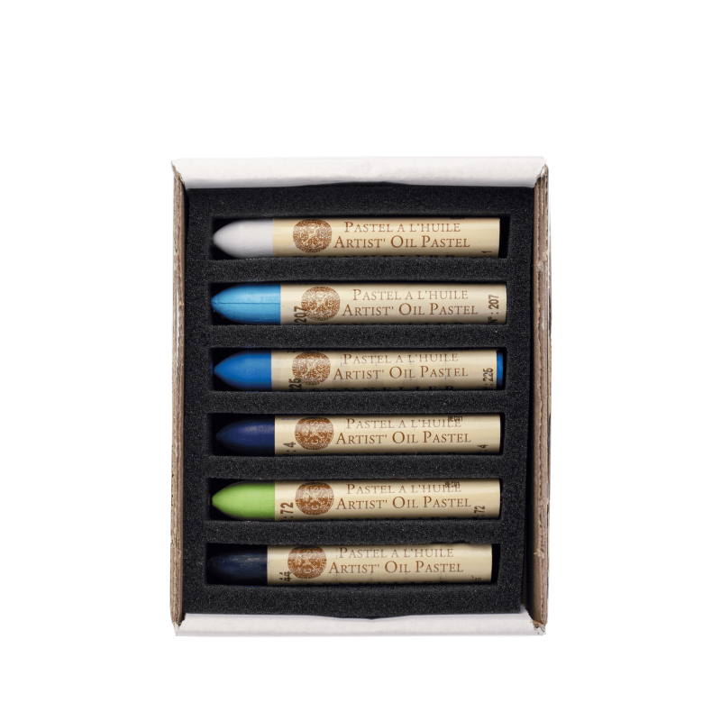 Etui 6 pastels Huile - thème paysage marin - Couleurs : N°1 - Blanc N°207 - Cendre bleu N°225 - Bleu indien N°4 - Bleu cobalt N°