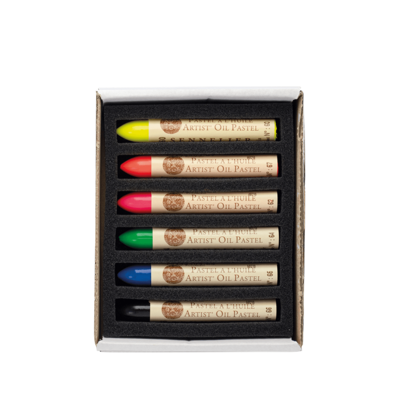 Etui 6 pastels Huile - fluos - Couleurs:  N°60 - Jaune fluorescent N°67 - Orange jaune fluorescent N°62 - Rose fluorescent N°64 