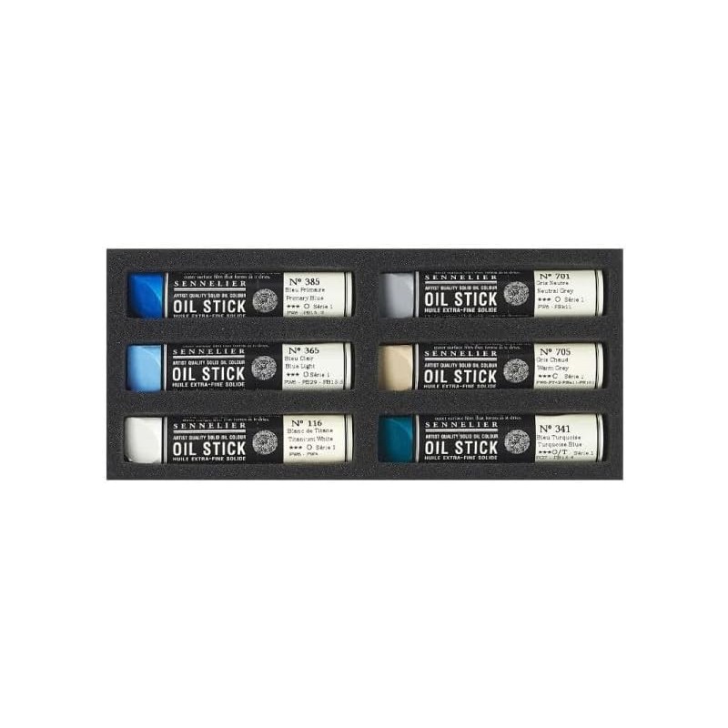 Etui 6 mini Oil stick - Paysage marin - Couleurs : 116 - Blanc de Titane 365 - Bleu Clair 385 - Bleu Primaire 341 - Bleu Turquoi