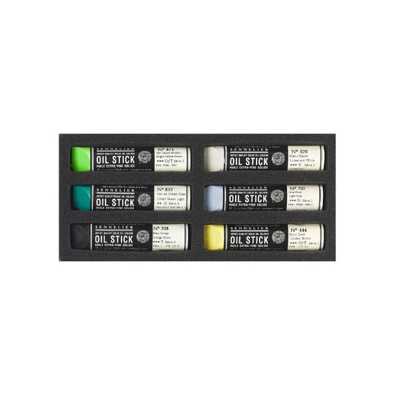 Etui 6 mini Oil stick - Paysage stylisé - Couleurs : 308 - Bleu Indigo 833 - Vert de Cobalt Clair 871 - Vert Jaune Brillant 444 