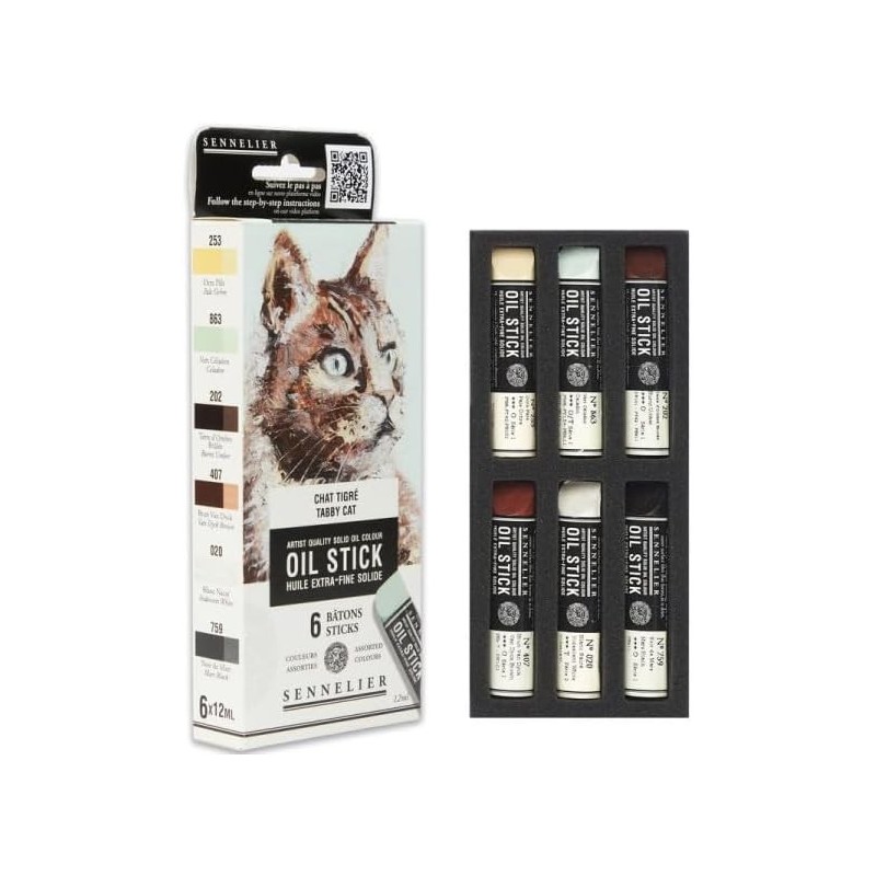 Etui 6 mini Oil stick - Chat tigré - Bonne résistance à la lumière - Texture riche et onctueuse - Sennelier