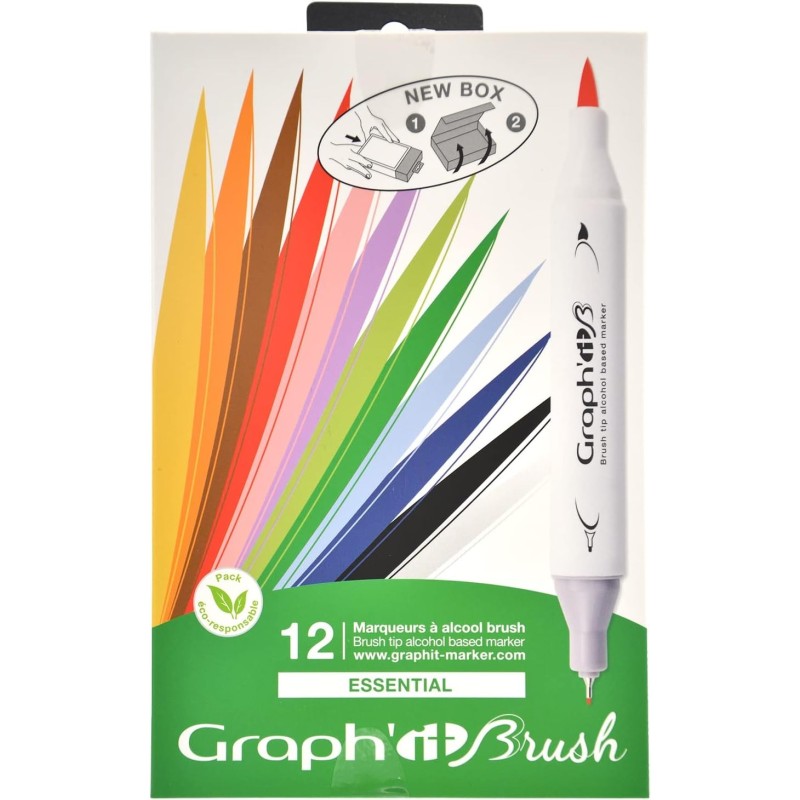 Set de 12 marqueurs à alcool Graph'it Brush - Double pointe ; fine et pinceau - 