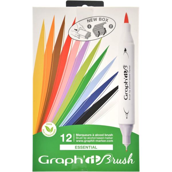 Set de 12 marqueurs à alcool Graph'it Brush - Double pointe ; fine et pinceau - 