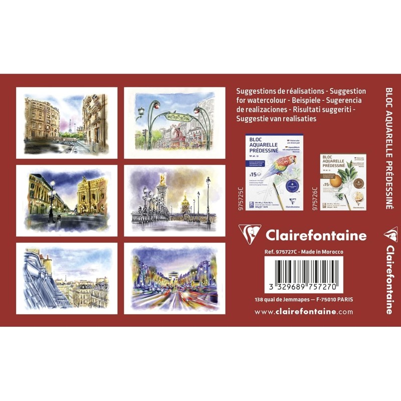 Bloc aquarelle prédessiné 15x10cm - 6 modèles de rues parisiennes, monuments.. + 3 feuilles vierges - Paris