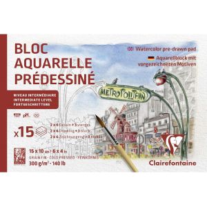 Bloc aquarelle prédessiné 15x10cm - 15 feuilles grain fin 300g -  Paris - Clairefontaine