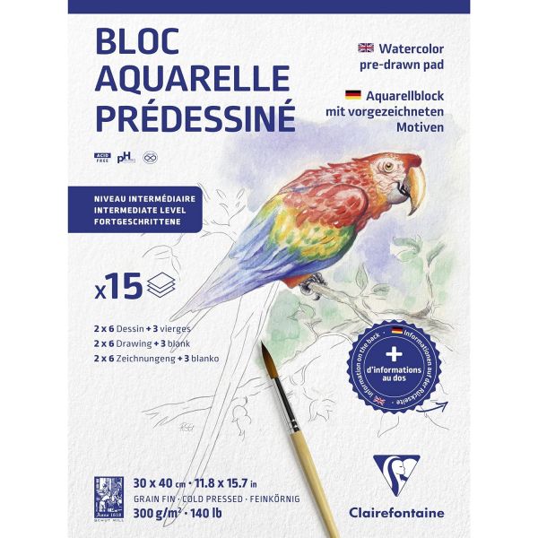 Bloc aquarelle prédessiné 30x40cm - 15 feuilles grain fin 300g - Thématique animaux - Clairefontaine