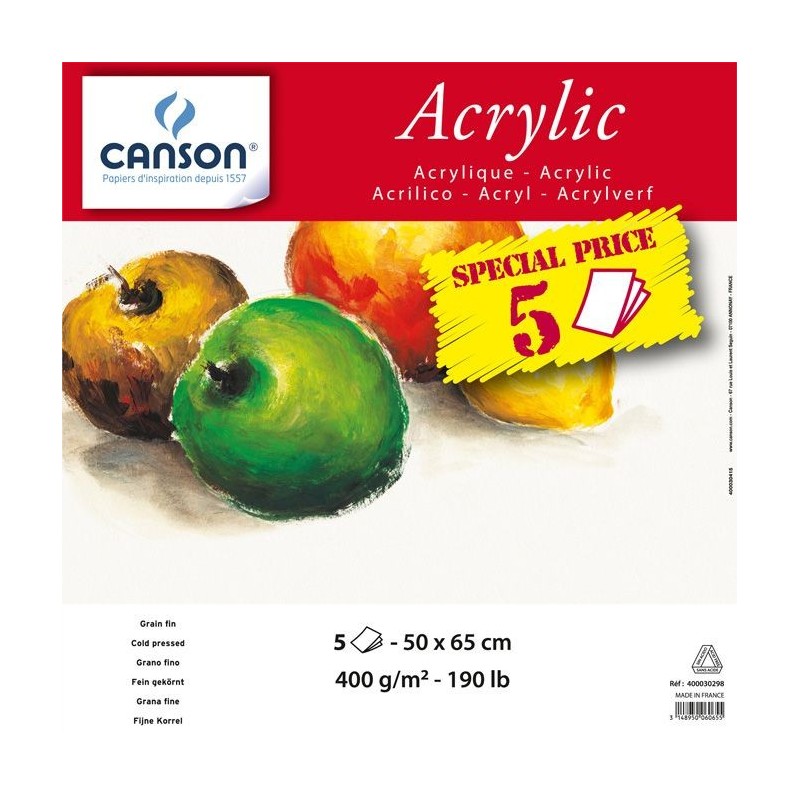Pack 5 feuilles 50x65cm acrylique - Grain fin 400g - Blancheur naturelle - Canson 