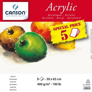 Pack 5 feuilles 50x65cm acrylique - Grain fin 400g - Blancheur naturelle - Canson 