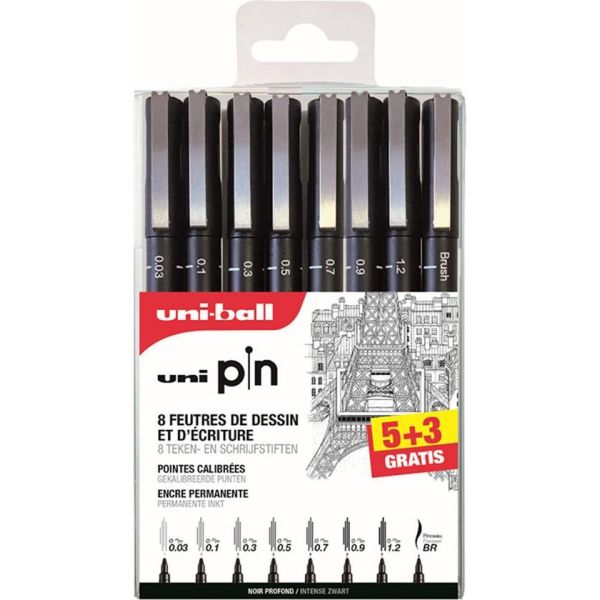 Set de 8 feutres Uni-pin - 5+3 offerts ! - encre noire permanente 