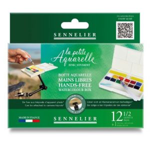 Set aquarelle mains libres La petite Aquarelle - 12 demi-godets - qualité fine - pinceau réservoir inclus - compatible bras arti