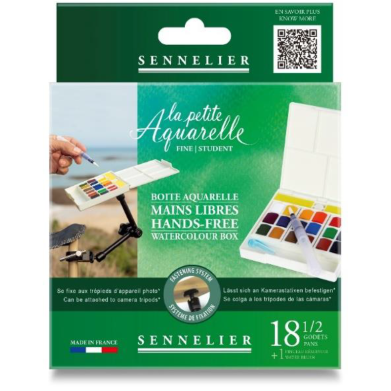 Set aquarelle mains libres La petite Aquarelle - 18 demi-godets - qualité fine - pinceau réservoir inclus - compatible bras arti