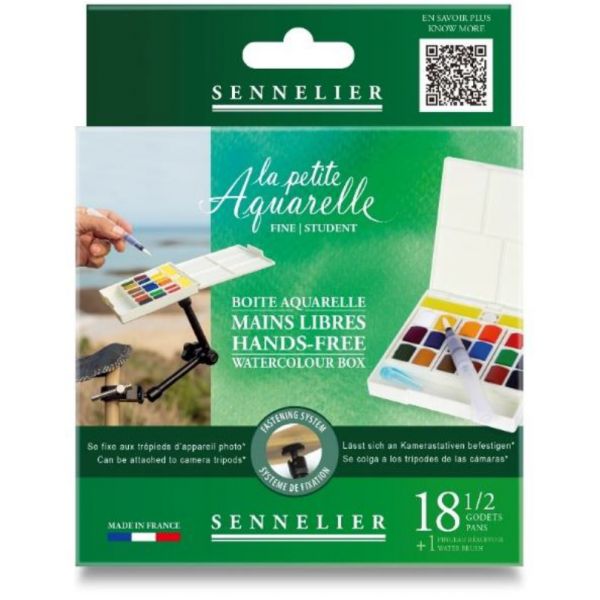 Set aquarelle mains libres La petite Aquarelle - 18 demi-godets - qualité fine - pinceau réservoir inclus - compatible bras arti