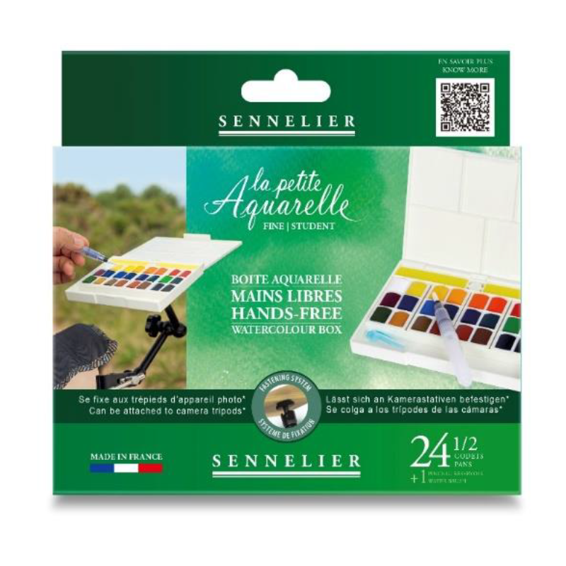 Set aquarelle mains libres La petite Aquarelle - 24 demi-godets - Qualité fine - Pinceau réservoir inclus - Compatible bras arti