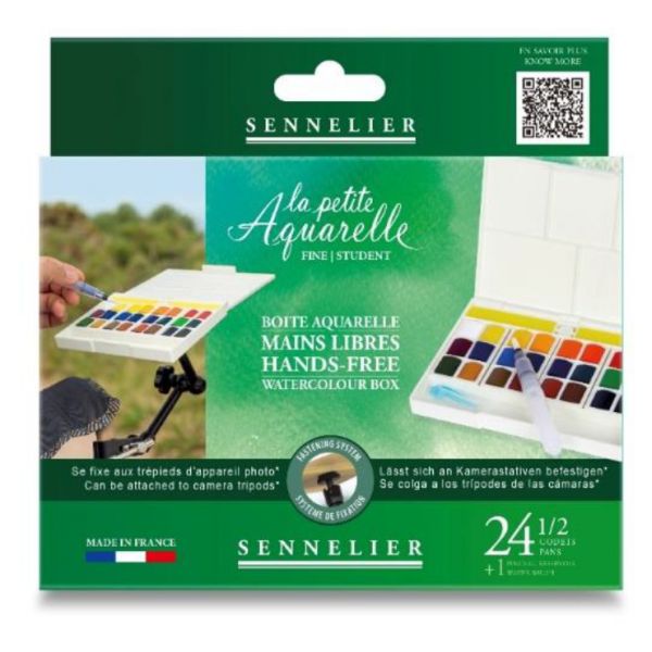 Set aquarelle mains libres La petite Aquarelle - 24 demi-godets - Qualité fine - Pinceau réservoir inclus - Compatible bras arti