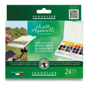 Set aquarelle mains libres La petite Aquarelle - 24 demi-godets - Qualité fine - Pinceau réservoir inclus - Compatible bras arti