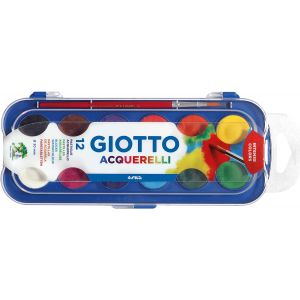Giotto - Boîte 12 pastilles de gouache 30mm + pinceau - Couleurs lumineuses et intenses - effets type aquarelle - 