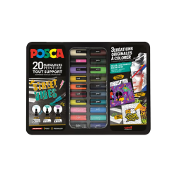 Malette métal de 20 marqueurs POSCA - 3 tailles de pointes (extra-fine / fine / moyenne) + 3 planches d'artistes à colorier -   