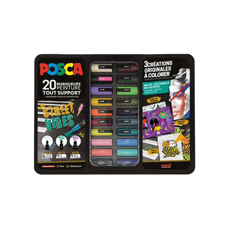 Malette métal de 20 marqueurs POSCA - 3 tailles de pointes (extra-fine / fine / moyenne) + 3 planches d'artistes à colorier -   