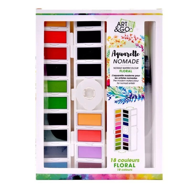 Palette Aquarelle pliable ART & GO- Thème floral - 18 couleurs florales et végétales - Palette légère et compacte - 