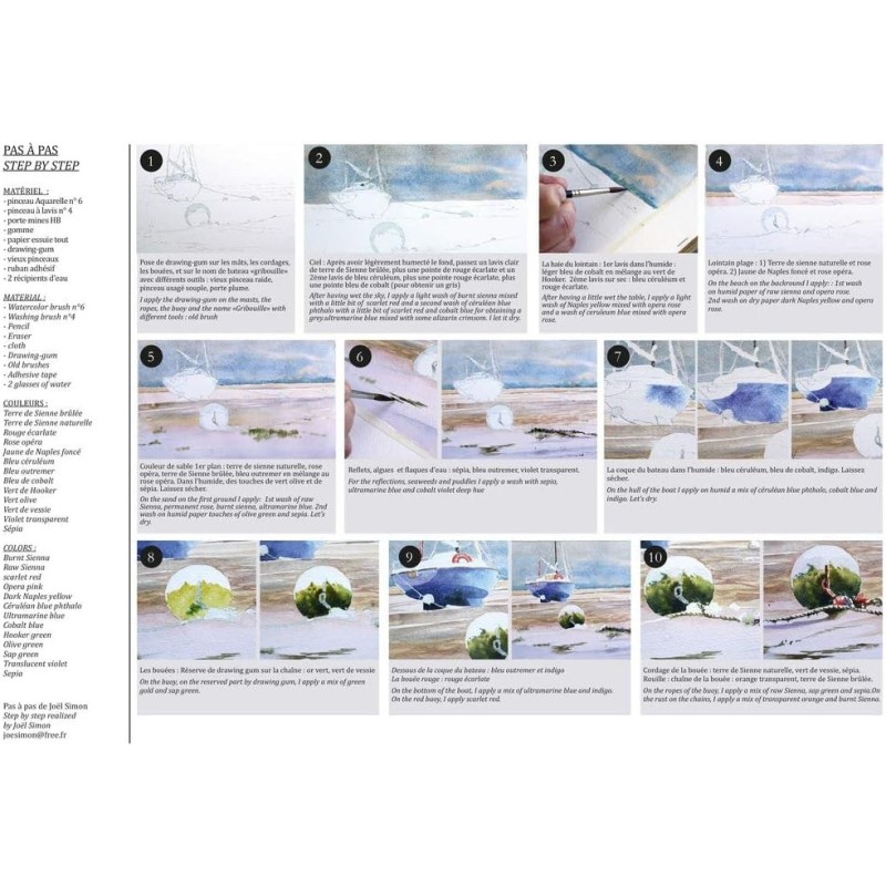 Bloc aquarelle prédessiné - 12 feuilles papier Etival 300g - Pas à pas détaillés - N°2