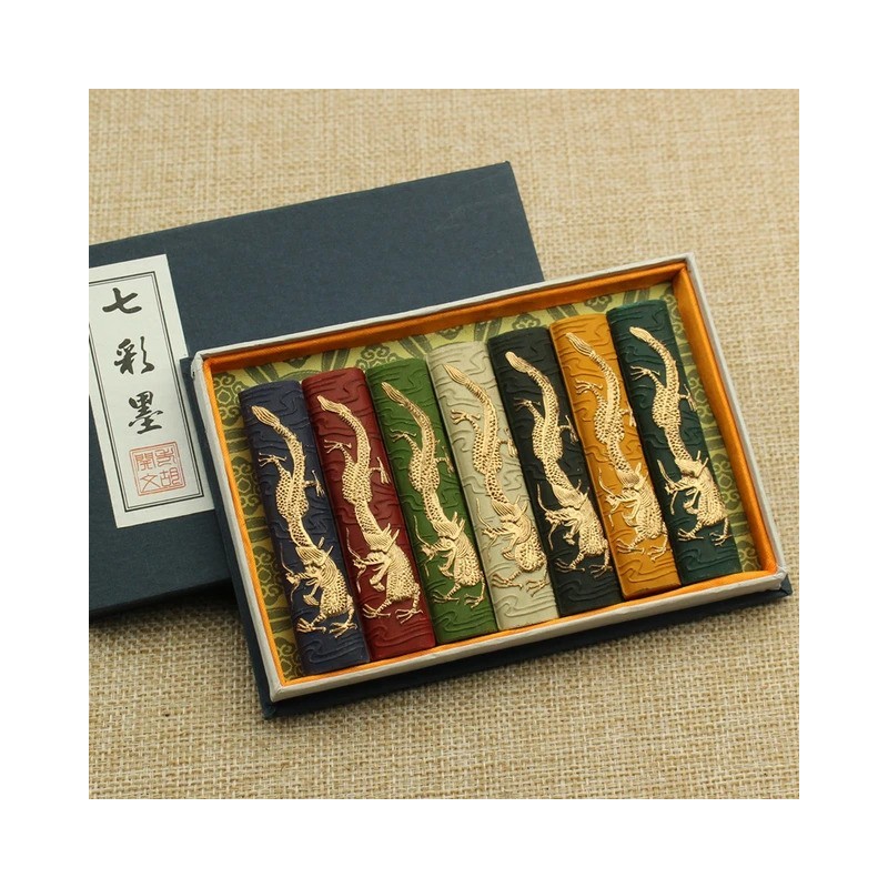 Set de 7 bâtons d'encre de Chine de couleurs - Coffret traditionnel élégant - Couleurs vives et lumineuses