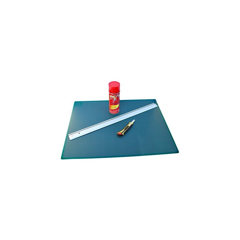 Kit découpe grand format ; tapis de coupe, cutter, règle et bombe