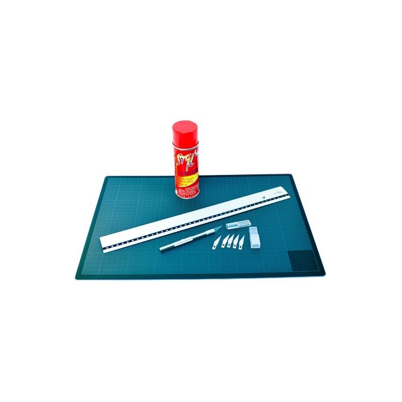 Kit découpe petit format  : tapis de coupe, scalpel, règle et bombe