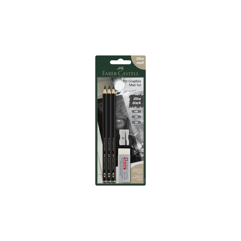 Set Pitt Graphite Matt (HB, 2B, 4B) + 1 Gomme + 1 Taille crayon - Ultra mat - Mine extra résistante - Application douce - Faber-