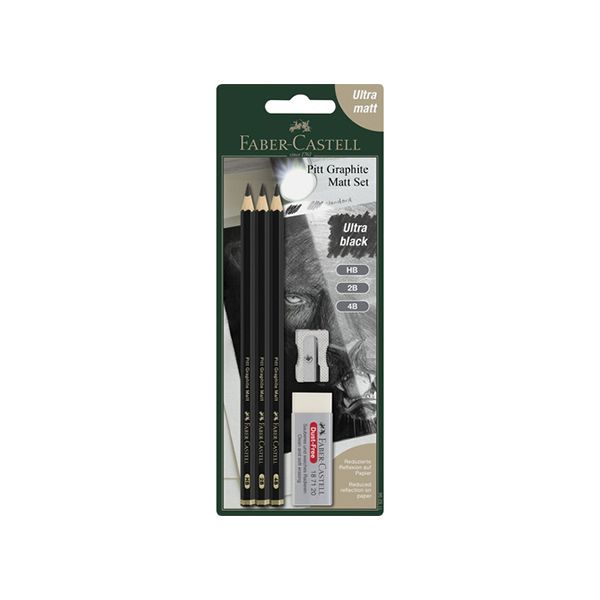 Set Pitt Graphite Matt (HB, 2B, 4B) + 1 Gomme + 1 Taille crayon - Ultra mat - Mine extra résistante - Application douce - Faber-