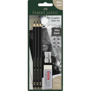 Set Pitt Graphite Matt (HB, 2B, 4B) + 1 Gomme + 1 Taille crayon - Ultra mat - Mine extra résistante - Application douce - Faber-