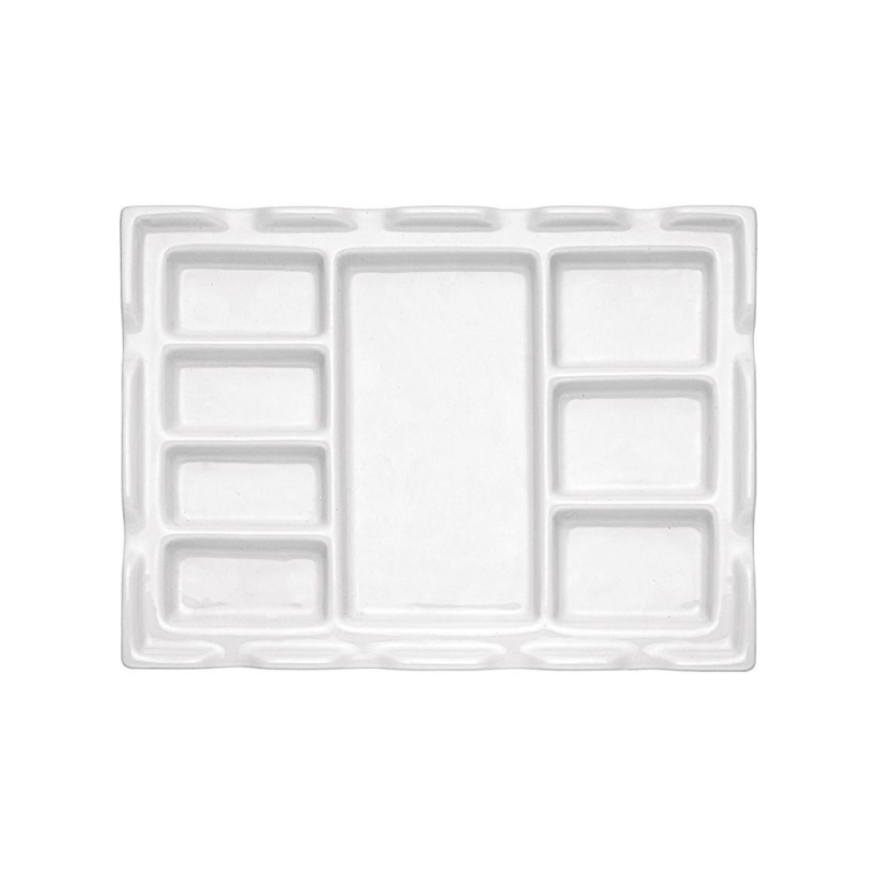 Palette porcelaine rectangulaire 18x24cm - 8 compartiments de dimensions variées - aquarelle et techniques à base d'eau -  Bords