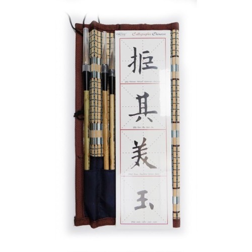 Set de calligraphie Chinoise - 3 pinceaux poils naturels de loup série 5520RO, 80 cartes idéogrammes chinois - natte bambou incl