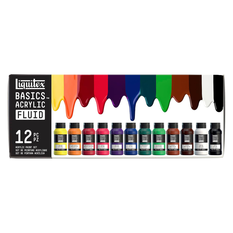 Set de 12 tubes d'acrylique Basics fluid - Finition permanente et résistante à l'eau - 118ml - Techniques mixtes - Liquitex