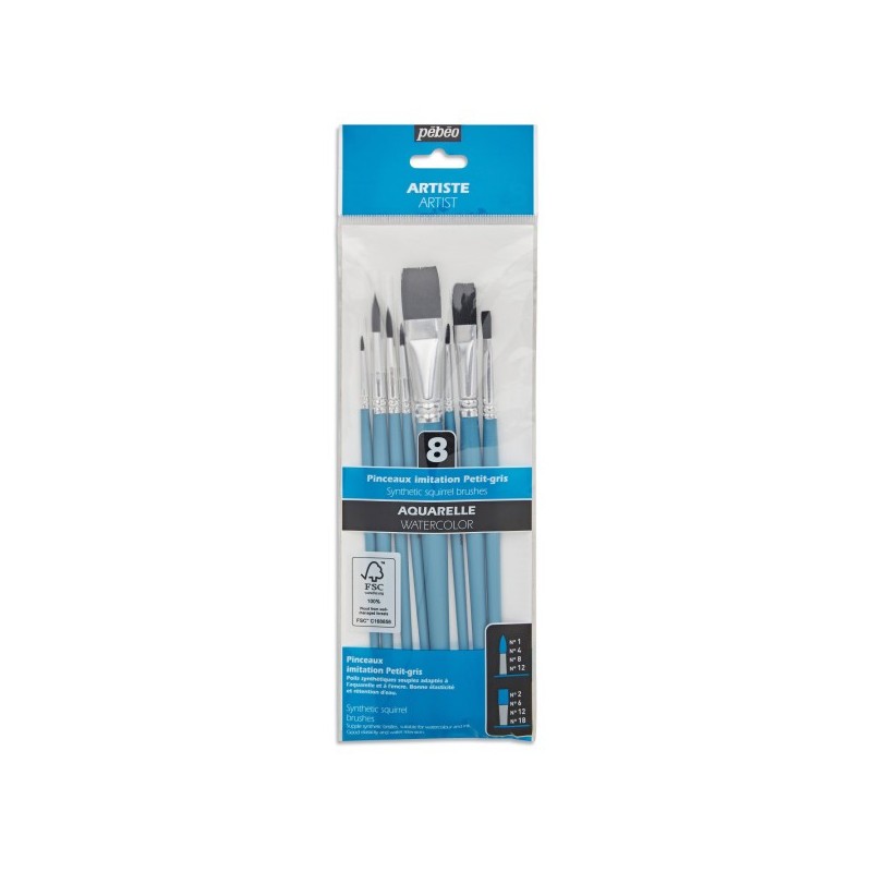 Set de 8 pinceaux Aquarelle synthétiques - Imitation Petit-Gris - encres et peintures diluées - Pébéo