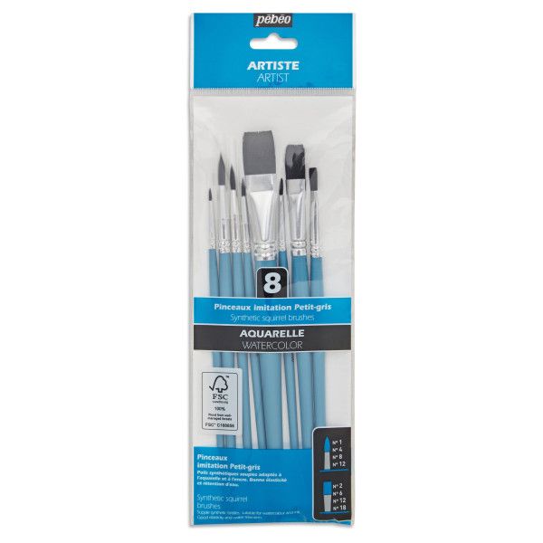 Set de 8 pinceaux Aquarelle synthétiques - Imitation Petit-Gris - encres et peintures diluées - Pébéo