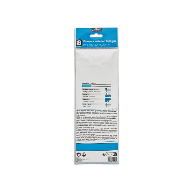 Set de 8 pinceaux Aquarelle synthétiques - Rond : n°1, 4, 8, 12 et Plat : n°2, 6, 12, 18 - Imitation Petit Gris - Pébéo