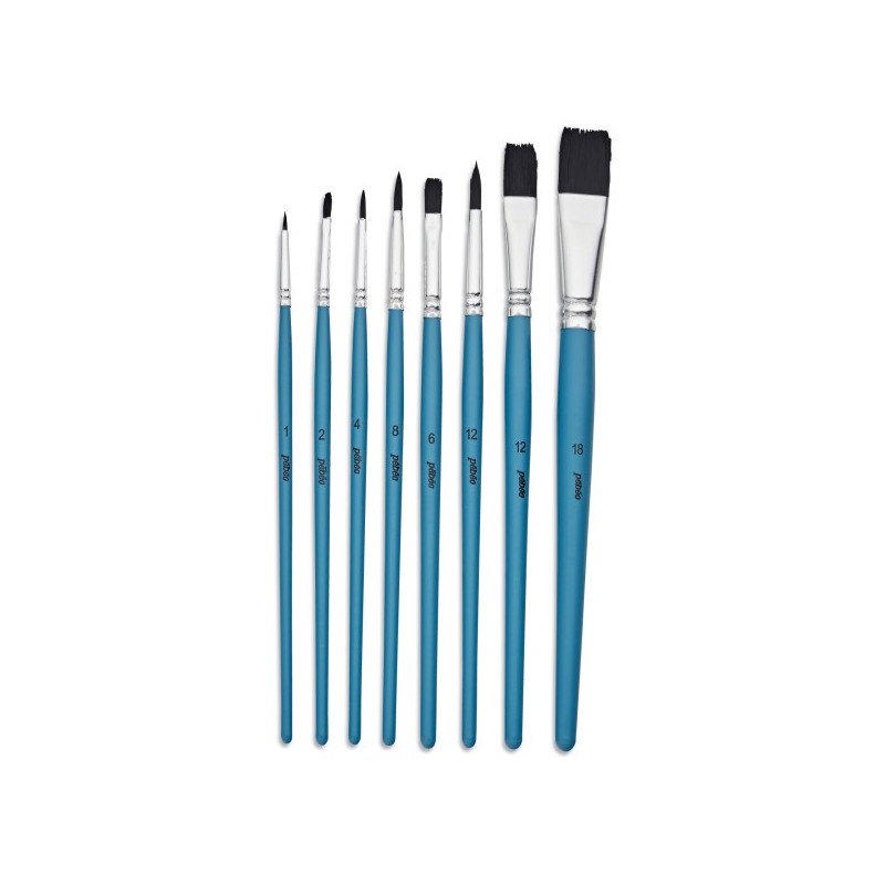 Set de 8 pinceaux Aquarelle synthétiques - Manche court bois bleu - Excellente rétention - Poils souples et doux -   Pébéo