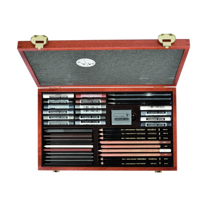 Coffret dessin en bois - Idéal pour les travaux de dessin, croquis, esquisse, maculage et ombrage - Pastels, graphites, crayons,
