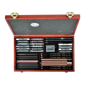 Coffret dessin en bois - Idéal pour les travaux de dessin, croquis, esquisse, maculage et ombrage - Pastels, graphites, crayons,