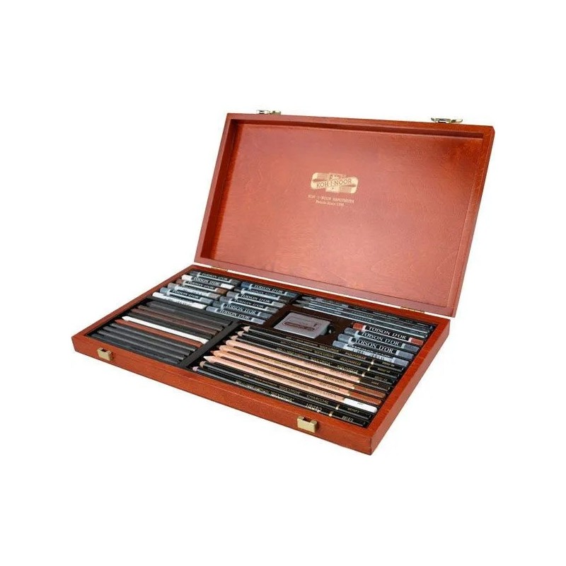 Coffret dessin en bois - 39 pièces - crayons, graphites, craies, pastels - Esquisse et croquis - Ko-I-Noor -   Gioconda 