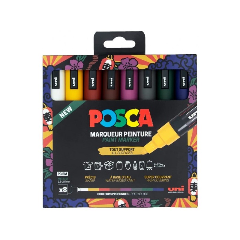 Pochette 8 Marqueurs POSCA PC5M - Encre à base d'eau -  Couleurs vives et intenses - Nouvelles couleurs