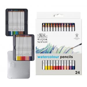 Boîte de 24 crayons de couleur aquarellables - Couleurs lumineuses et vibrantes - à base de cire - Winsor & Newton